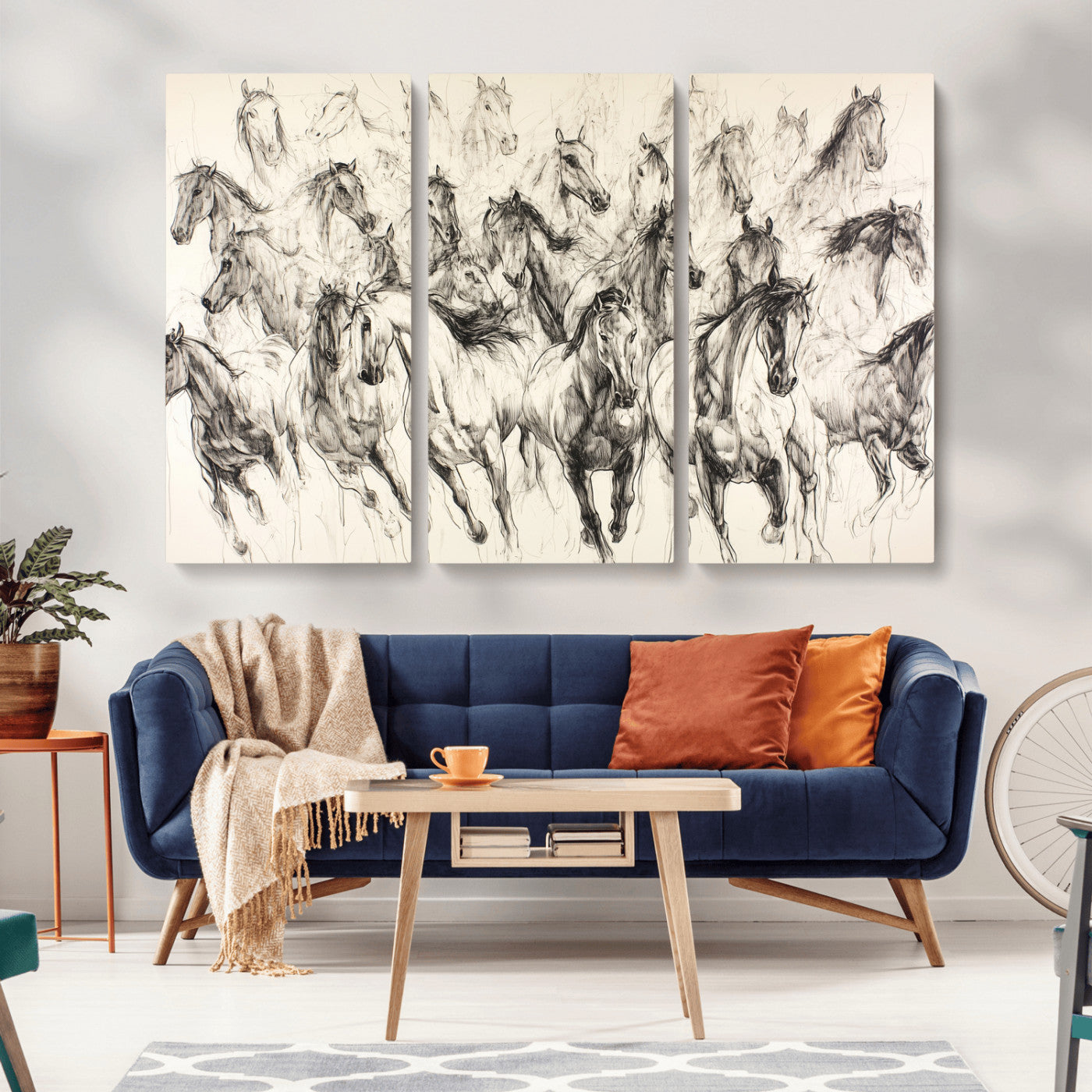 Monochrome ink sketch of galloping horses in dynamic motion, perfect for western or equine-themed wall decor with bold artistic energy.