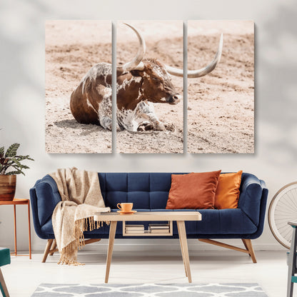 Texas Longhorn bull resting on dusty ground with warm tones, ideal for rustic western or farmhouse-themed wall decor.