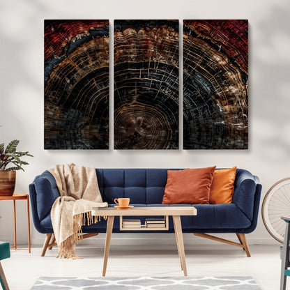 Dark Wood Wall Art Print - Petrified Tree Canvas Print, featuring an intricate tree ring pattern with deep earthy tones and organic textures, perfect for rustic and nature-inspired decor.