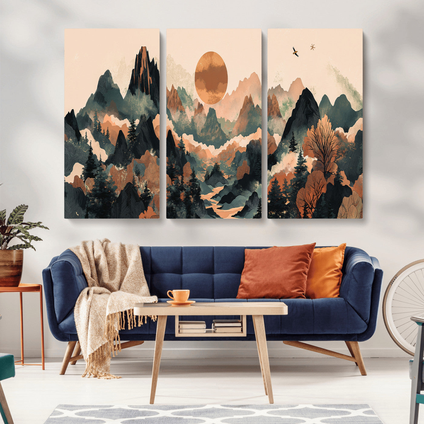 Mountain Landscape Wall Art Print - Sunset Hills Canvas Print, featuring an abstract nature scene with earthy tones and misty peaks, perfect for boho and modern decor.