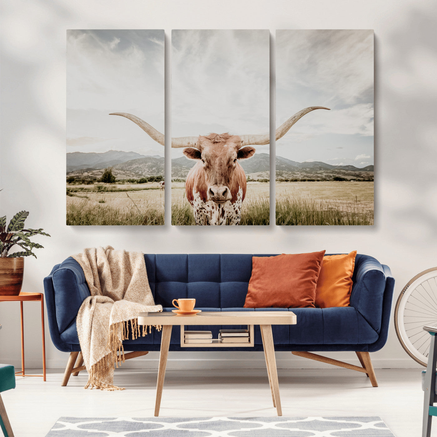 Longhorn Wall Art Print - Western Cow Canvas Print, featuring a majestic Texas longhorn in a rustic prairie setting, perfect for farmhouse and western decor.