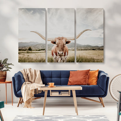 Longhorn Wall Art Print - Western Cow Canvas Print, featuring a majestic Texas longhorn in a rustic prairie setting, perfect for farmhouse and western decor.