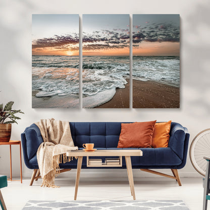 Ocean Sunset Wall Art Print - Beach Waves Canvas Print, featuring a serene seascape with golden sunlight reflecting on gentle waves, perfect for coastal and minimalist decor.