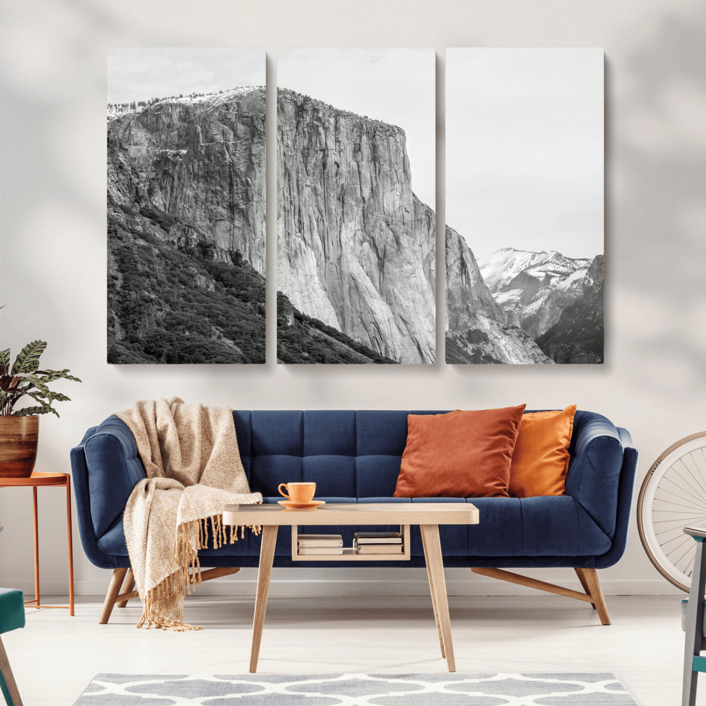 Monochrome canvas of El Capitan’s granite wall in Yosemite with snowy peaks, ideal for dramatic mountain or black-and-white nature decor.