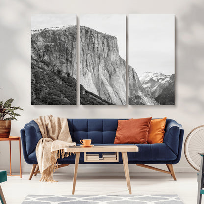 Monochrome canvas of El Capitan’s granite wall in Yosemite with snowy peaks, ideal for dramatic mountain or black-and-white nature decor.