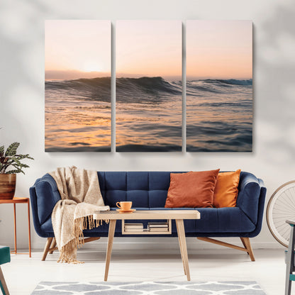 Framed canvas of ocean waves glowing in sunset light, ideal for golden hour calm or peaceful coastal-inspired wall decor.