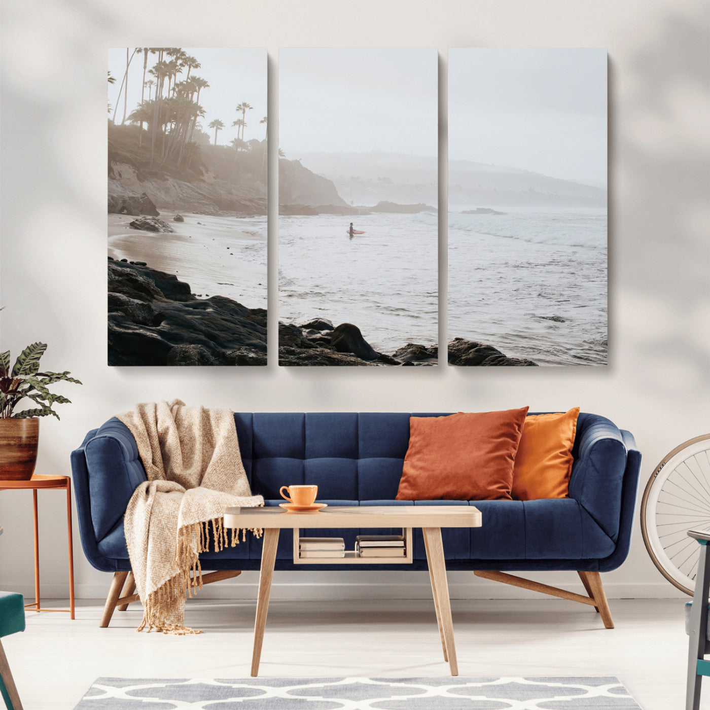 Framed canvas of a surfer in misty coastal tones at a foggy California beach, ideal for minimalist coastal beach or serene ocean-themed decor.