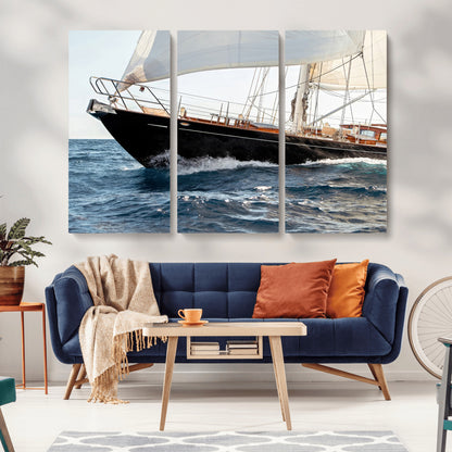 Close-up of a classic sailing yacht with wooden deck and full sails, perfect for nautical or coastal-style decor in ocean-themed spaces.