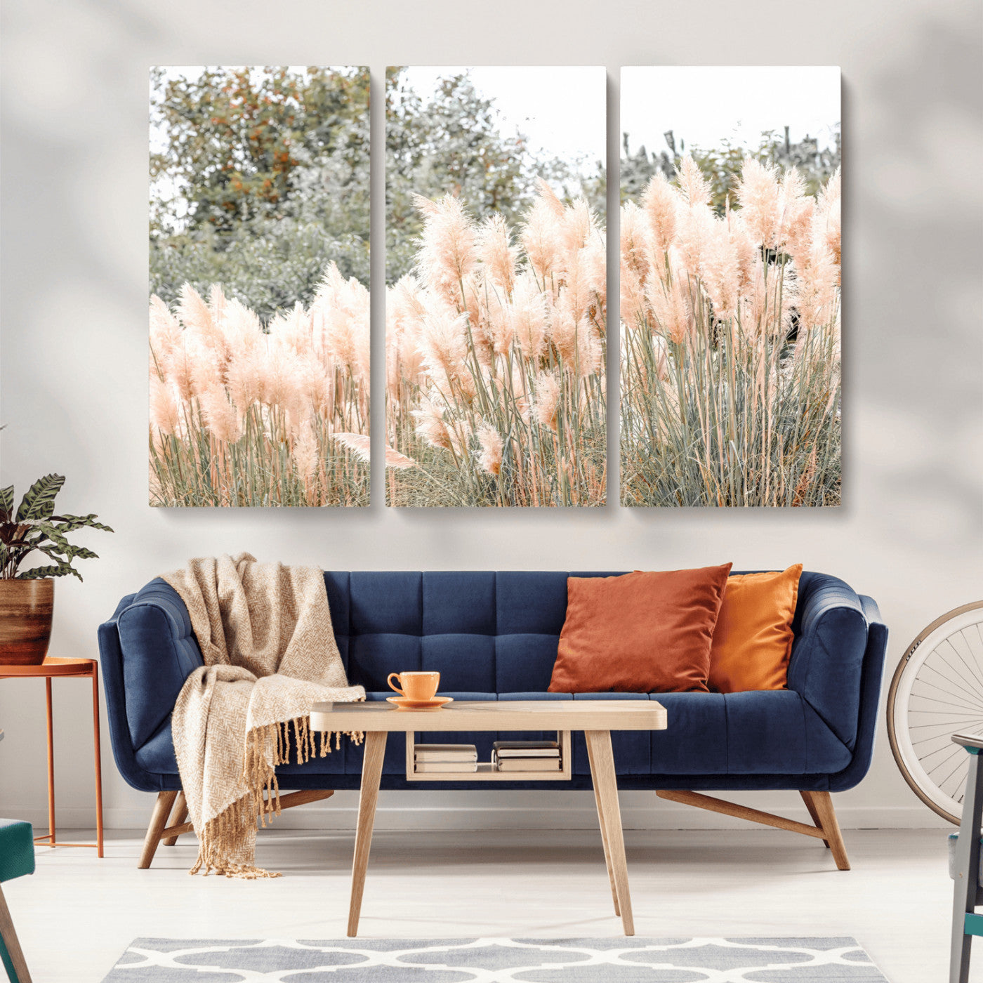 Soft pastel pampas grasses in a natural setting, ideal for neutral boho or rustic botanical-style interior wall decoration.