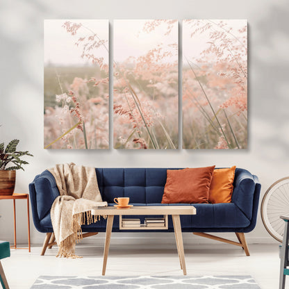 Soft pastel field with wild grasses in warm light, ideal for minimal nature or airy countryside-inspired interior wall decoration.
