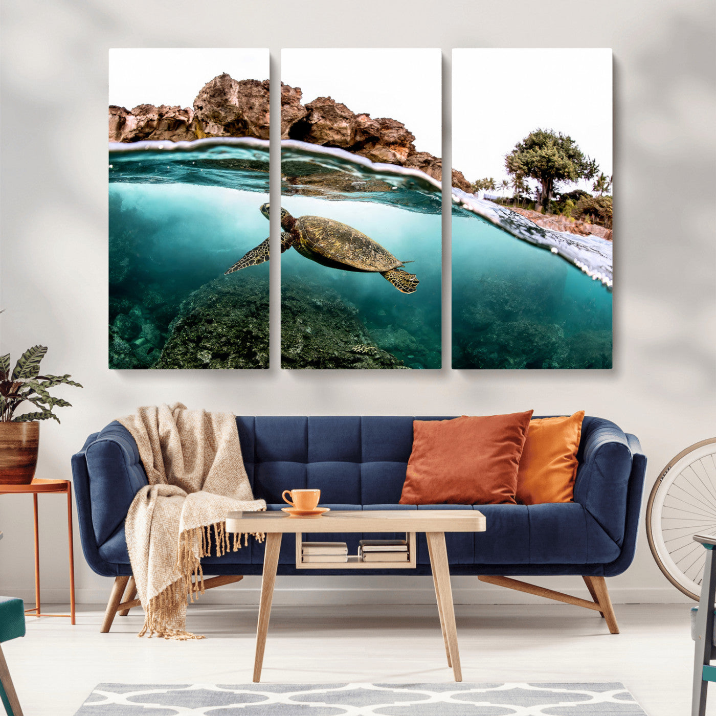 Dynamic split-view photo of a sea turtle swimming near rocky shores, perfect for vibrant coastal or tropical beach home decor.