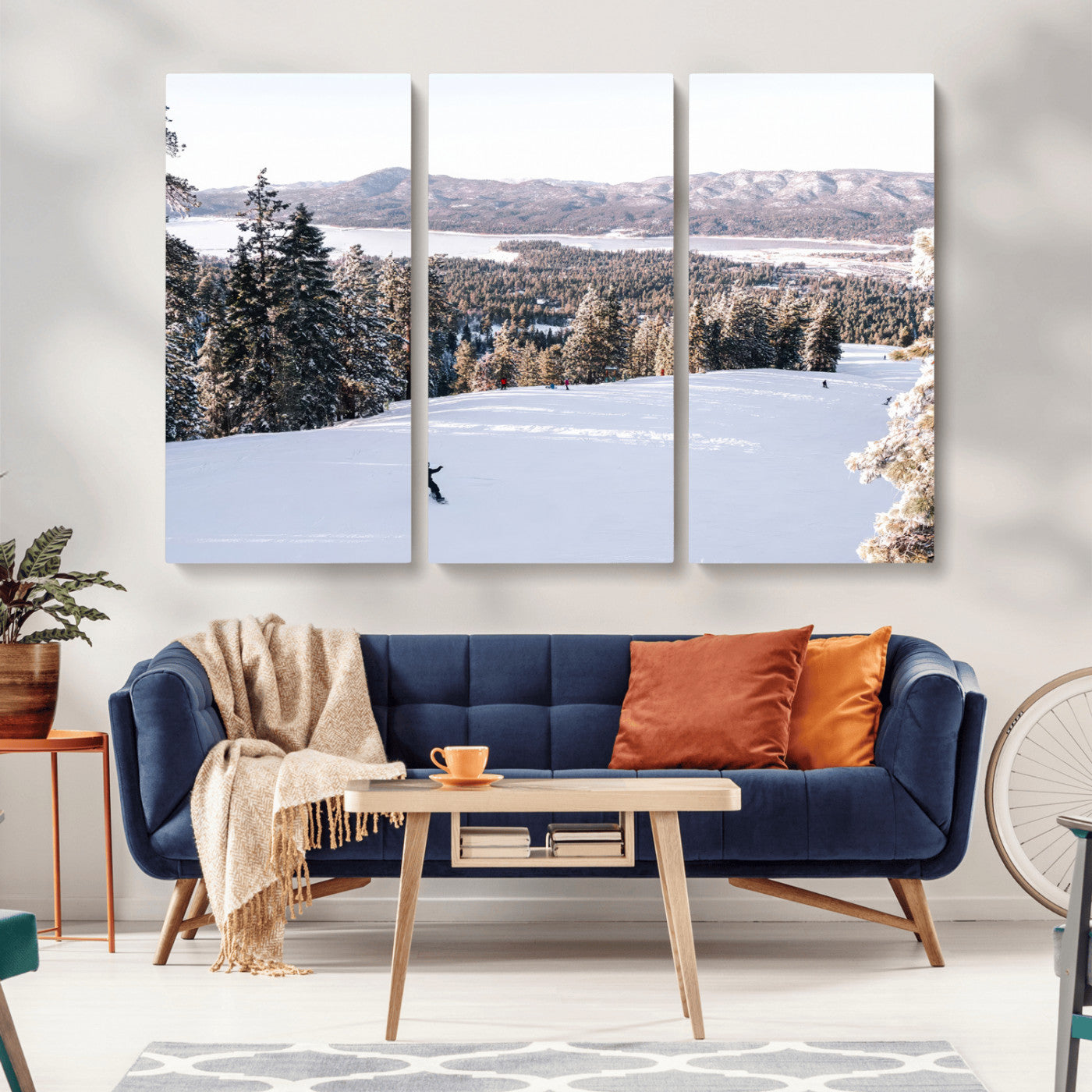 Canvas of a snowy mountain ski slope with pine trees and bright winter light, ideal for modern rustic or alpine-inspired home decor.