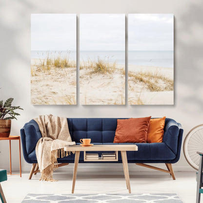 Canvas of soft beach dunes and coastal grasses in neutral tones, perfect for Scandinavian coastal or minimalist nature-inspired home decor.   2/2
