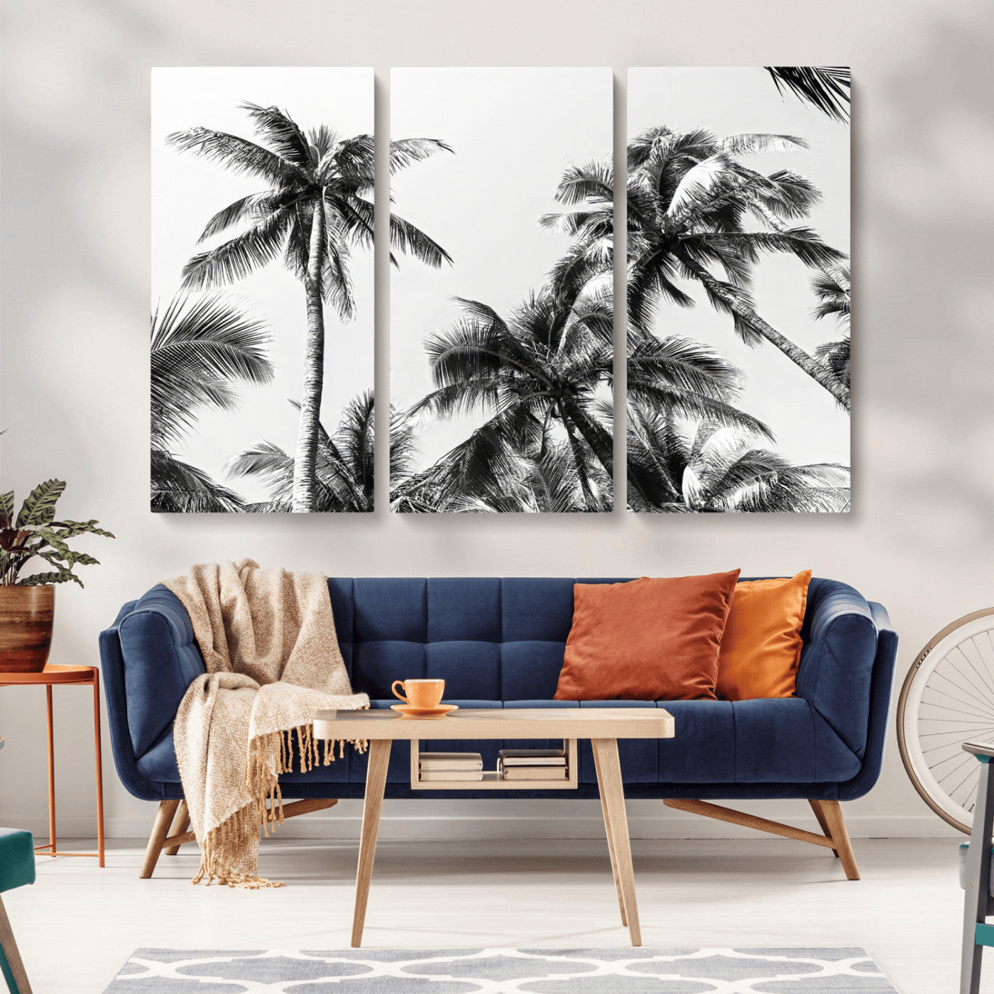 Black and white canvas of tall palm trees in moody tones, perfect for modern tropical minimalist or coastal-style home decor.