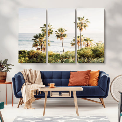 Framed print of sunlit palm trees on the California coast with warm tones, perfect for coastal minimalist or beach-style home decor.