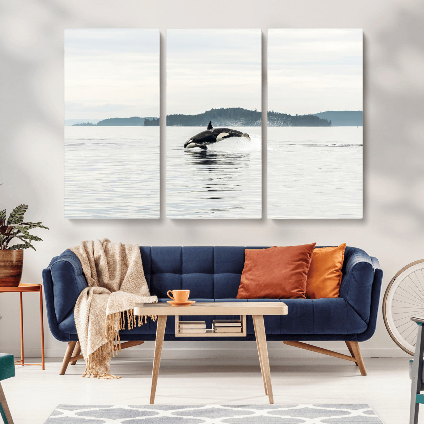 An orca jumping out of calm ocean waters with a misty island in the background, creating a serene and minimalist marine wildlife scene.