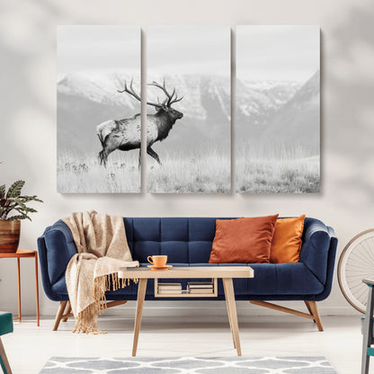 Black and white photograph of a majestic elk standing in a grassy field with snow-capped mountains in the background, creating a bold and rustic wilderness scene.
