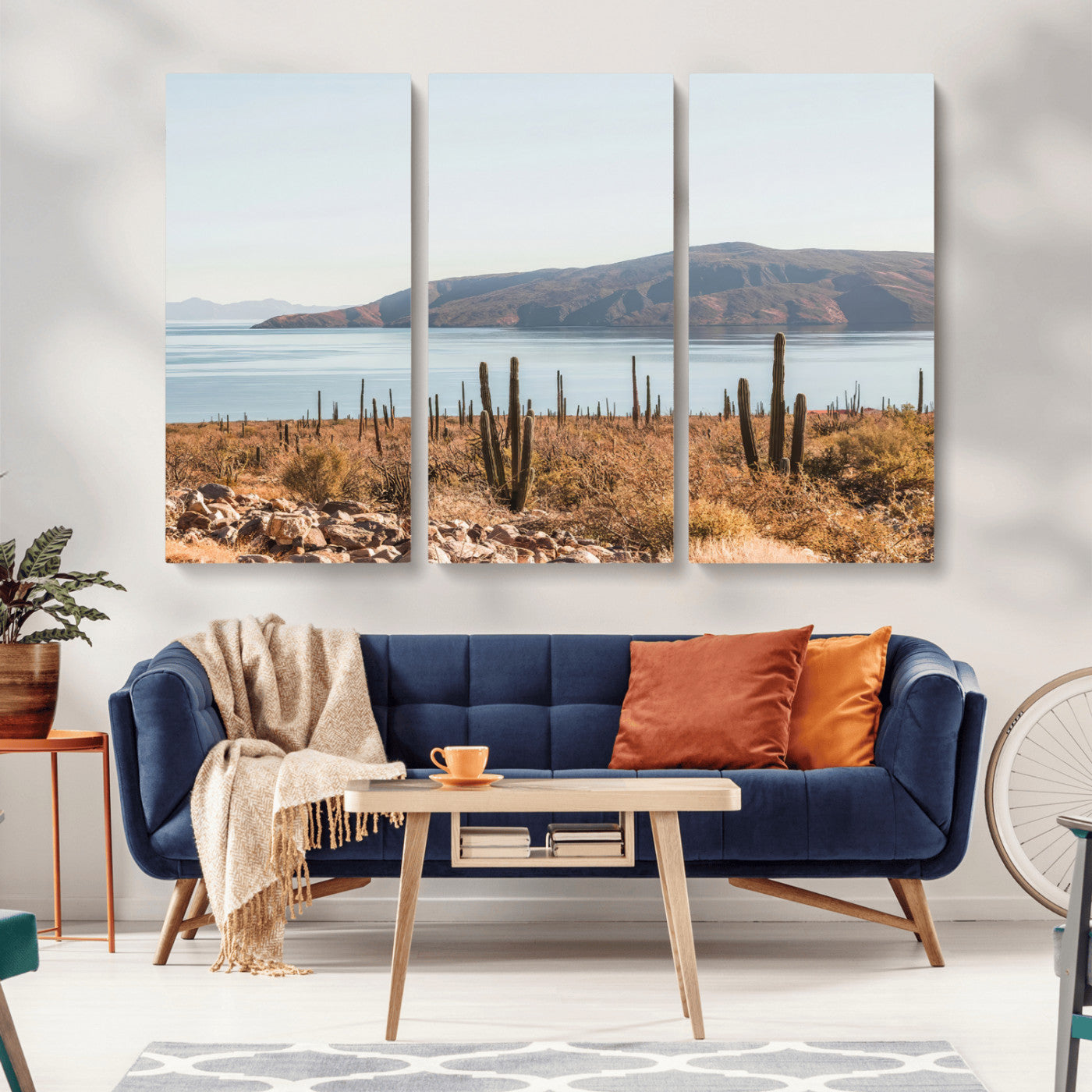 Warm desert landscape with cacti and coastal mountains, perfect for southwestern or earthy calm-themed home wall decor.