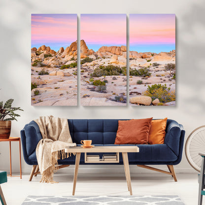 A breathtaking desert landscape featuring rugged rock formations under a vibrant pastel sunset sky, capturing the warmth and serenity of a Southwestern wilderness.