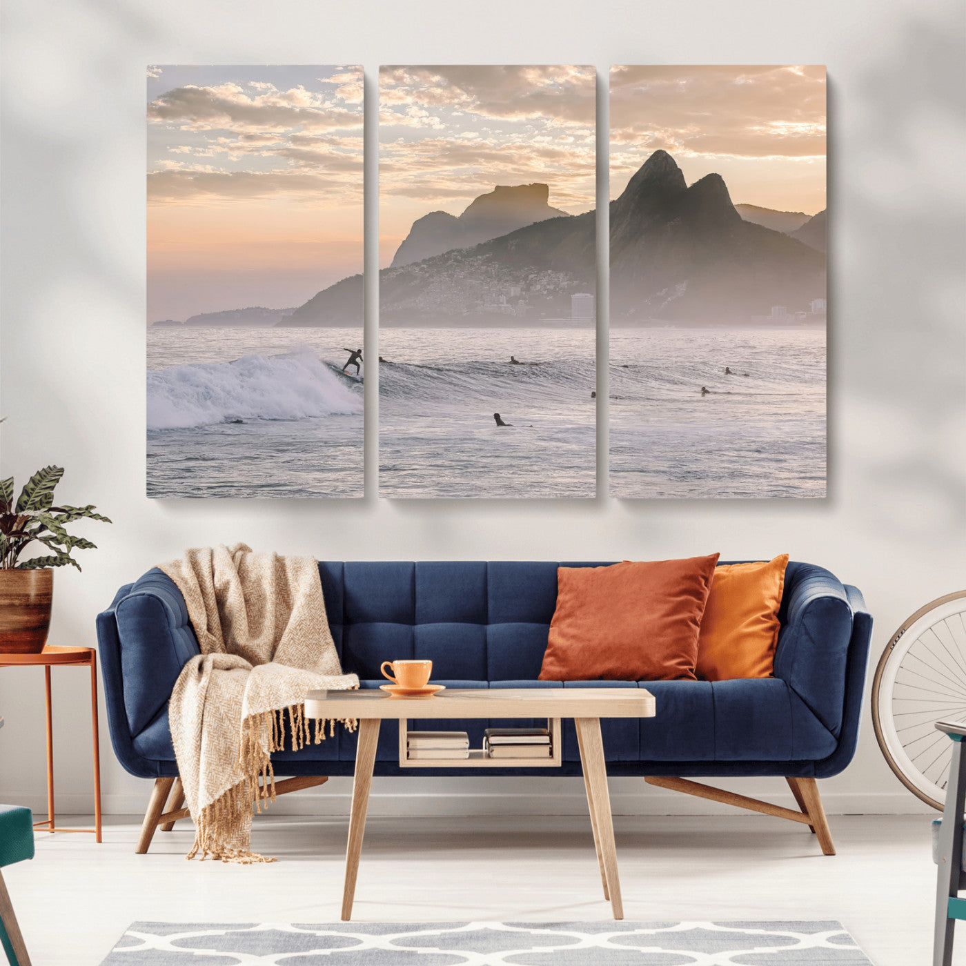 A surfer rides a golden hour wave near misty coastal mountains, surrounded by fellow surfers, capturing the spirit of a coastal adventure.