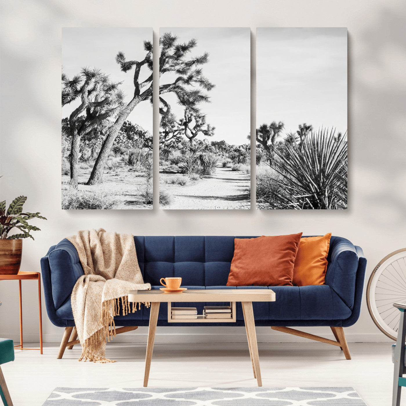 Canvas of a Joshua Tree forest in black and white tones, featuring a desert path and spiky vegetation, ideal for minimalist or rustic decor.