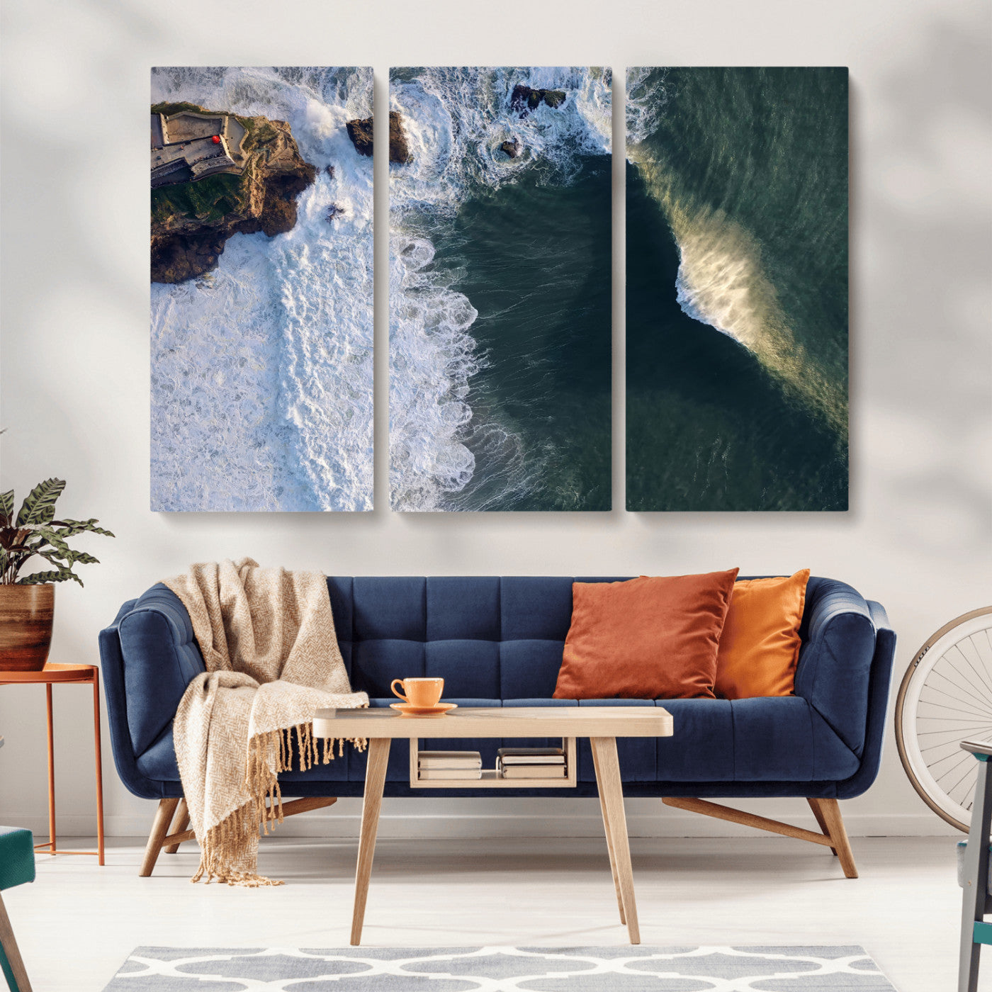 Canvas showing an aerial view of crashing waves along the Nazaré coastline, perfect for dramatic coastal or ocean-themed home decor.