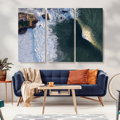 Canvas showing an aerial view of crashing waves along the Nazaré coastline, perfect for dramatic coastal or ocean-themed home decor.