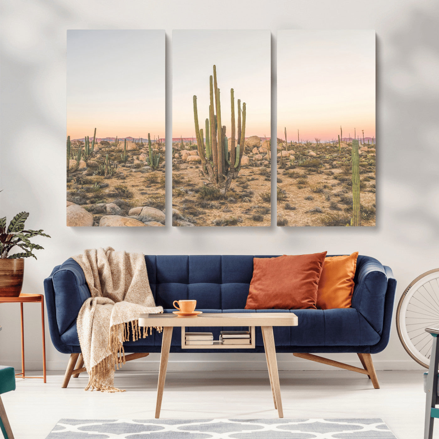 Canvas of tall desert cacti in warm sunset tones over a rocky Baja landscape, ideal for earthy or Southwestern-style home decor.