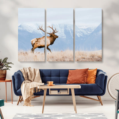 An elk walking on snowy grassland with majestic mountains in the background, ideal for rustic lodge or cabin wall decor.