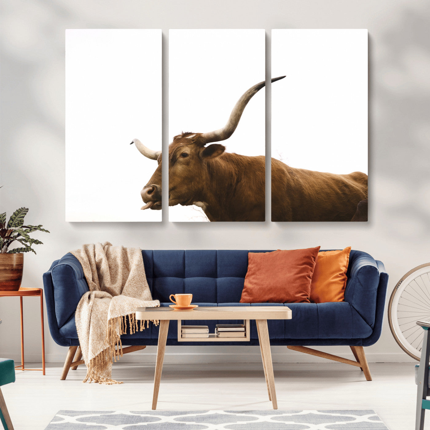 Minimal photo of a longhorn cow with white background, ideal for rustic, western or farmhouse-style interior decor.