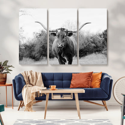 Black and white photo of a longhorn cow in a field, perfect for rustic farmhouse or western-themed interior wall decoration.