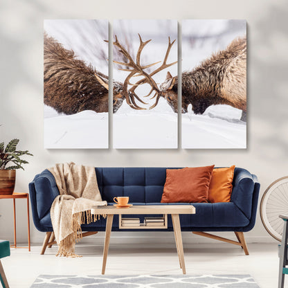 Two elk clashing antlers in a snowy forest, capturing raw power and wild energy, ideal for rustic cabin or lodge-style decor.