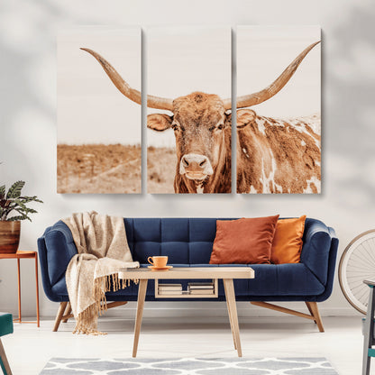 A longhorn bull standing proudly in a sunlit desert field with warm neutral tones, ideal for rustic western or farmhouse interiors.