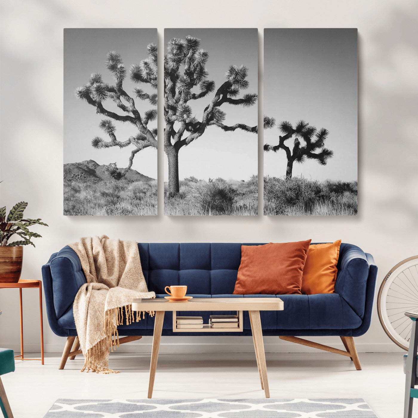 Black and white Joshua trees in a rugged desert landscape, creating a calm and minimalist feel for natural or rustic-themed interiors.