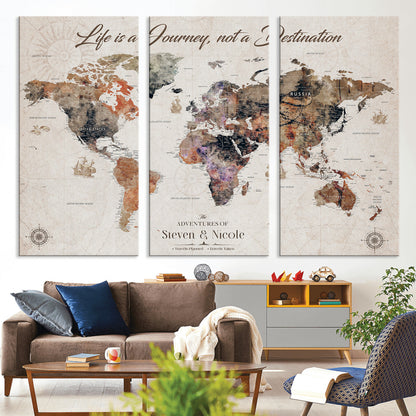 96000140-MGV-CV-36X24-Custom Push Pin World Map Wall Canvas Print – Personalized Travel Tracker with Pins – Framed Large Multi-Size Canvas for Home Office Decor