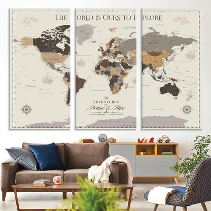 80998319-MGV-CV-36X24-Personalize World Map Push Pin Wall Canvas Print – Personalized Travel Tracker with Pins – Framed Large Multi-Size Canvas for Home Office Decor