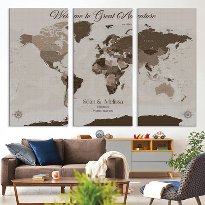 49871705-MGV-CV-36X24-Push Pin Customize World Map Wall Canvas Print – Personalized Travel Tracker with Pins – Custom Wall Art Canvas for Home Office Decor