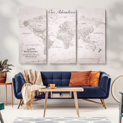 Customize Push Pin World Map Wall Canvas Print – Personalized Travel Map with Foam Pins – Framed Custom Quotie Canvas for Home Office Decor