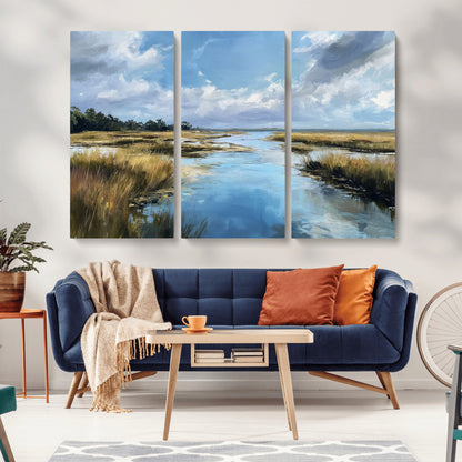 A beautiful, painterly landscape of a calm river winding through a marsh, with vibrant green grasses and a bright blue sky filled with fluffy clouds.