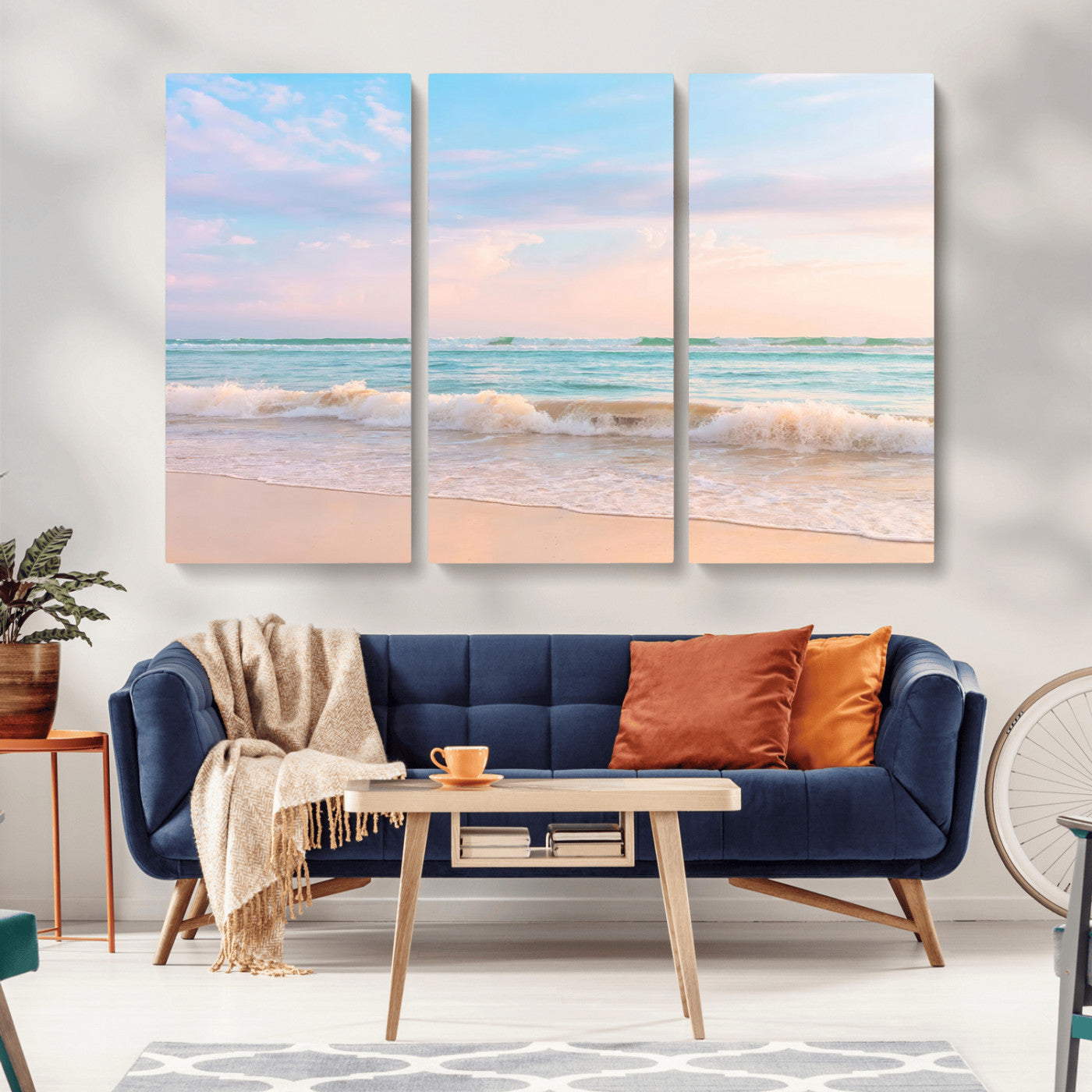 A peaceful beach scene with soft pastel skies, gentle waves washing up on the sandy shore, creating a calm and serene ocean view.