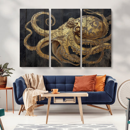 A detailed gold illustration of an octopus on black wooden planks, showing its intricate tentacles and textured skin in an artistic style.