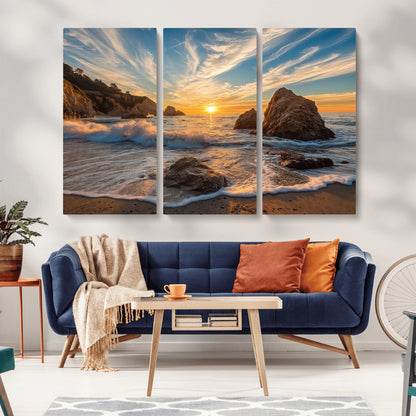 Rocky Ocean Sunset Wall Art Print, Seaside Canvas Wall Art, Dramatic Seascape Canvas Print for Coastal Modern Decor, Ocean Sunset Art Printing
