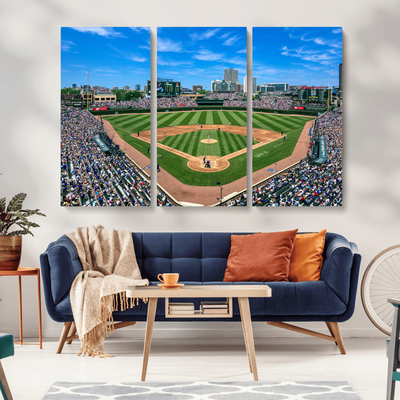 Wrigley Field Baseball Stadium Canvas Wall Art, Packed Crowd Sports Stadium Print, City Skyline Baseball Field Canvas for Game Room Decor