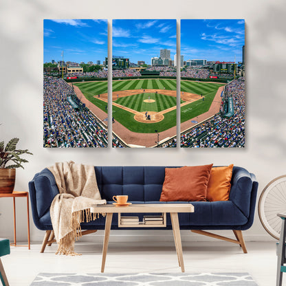 Wrigley Field Baseball Stadium Canvas Wall Art, Packed Crowd Sports Stadium Print, City Skyline Baseball Field Canvas for Game Room Decor