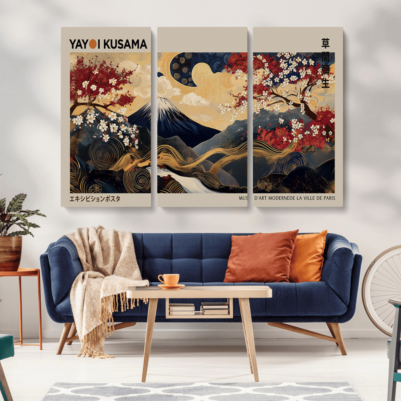Yayoi Kusama's artwork featuring Mount Fuji, blooming cherry trees, and intricate swirls, blending traditional Japanese elements with vibrant color.