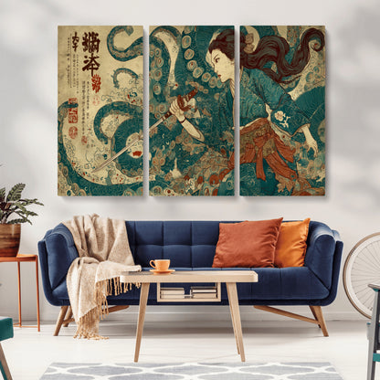Tsukioka Yoshitoshi Samurai Wall Art Print, Japanese Katana Warrior Canvas Wall Art, Octopus Sea Monster Canvas Print,