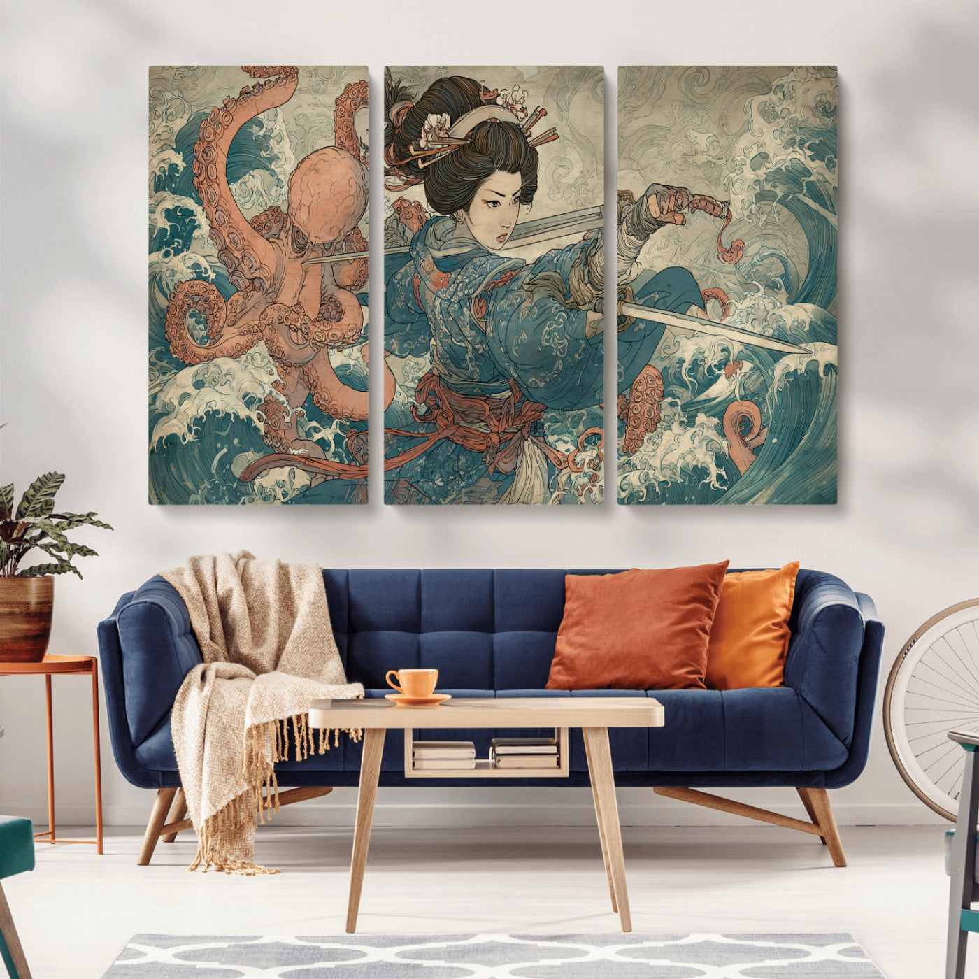 Tsukioka Yoshitoshi Samurai Wall Art Print, Japanese Katana Warrior Canvas Wall Art, Octopus Sea Monster Canvas Print,