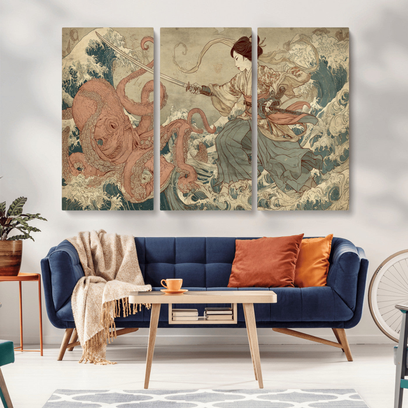 Tsukioka Yoshitoshi Samurai Wall Art Print, Japanese Katana Warrior Canvas Wall Art, Octopus Sea Monster Canvas Print,