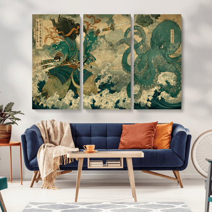 Tsukioka Yoshitoshi Samurai Wall Art Print, Japanese Katana Warrior Canvas Wall Art, Octopus Sea Monster Canvas Print,
