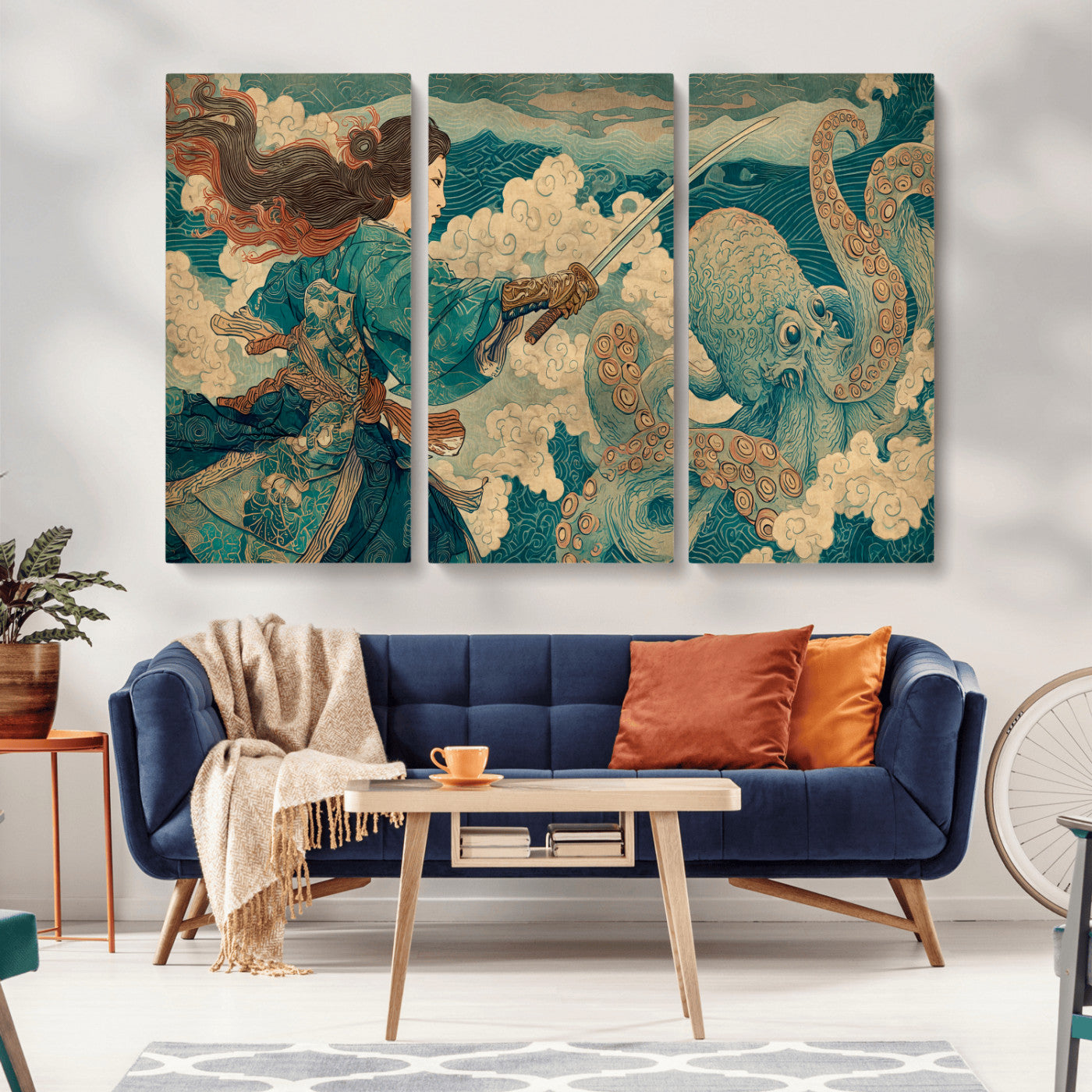 Tsukioka Yoshitoshi Samurai Wall Art Print, Japanese Katana Warrior Canvas Wall Art, Octopus Sea Monster Canvas Print,